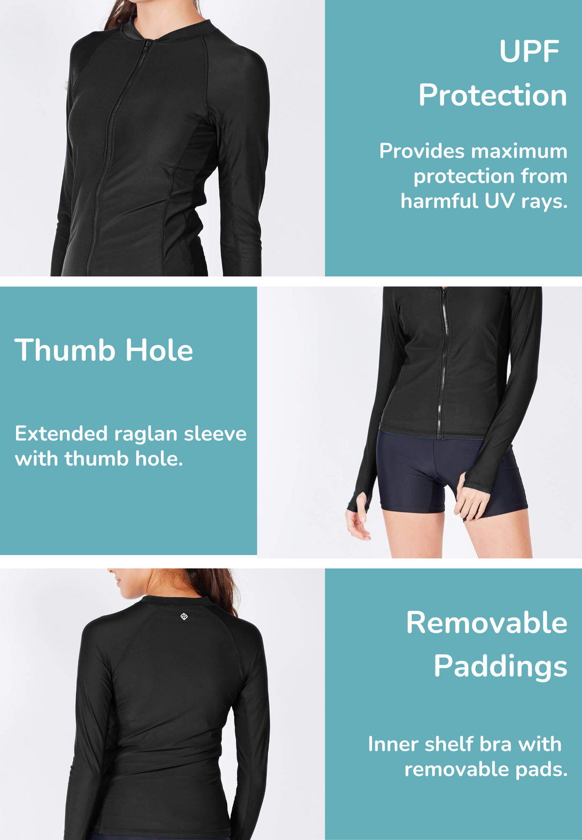 UPF50+ Zip Front Long Sleeve Rashguard (Black) | XS - 4XL