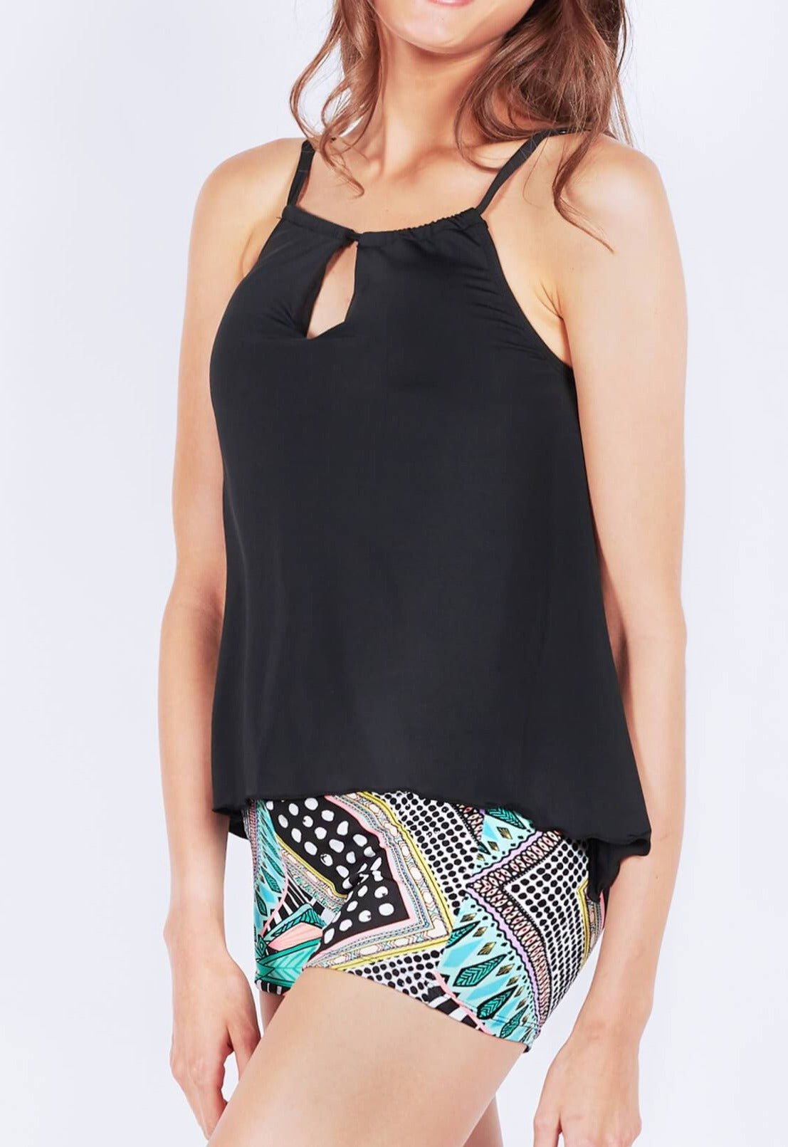 FUNFIT Keyhole Tankini Flare Top (Black) | XS - 2XL